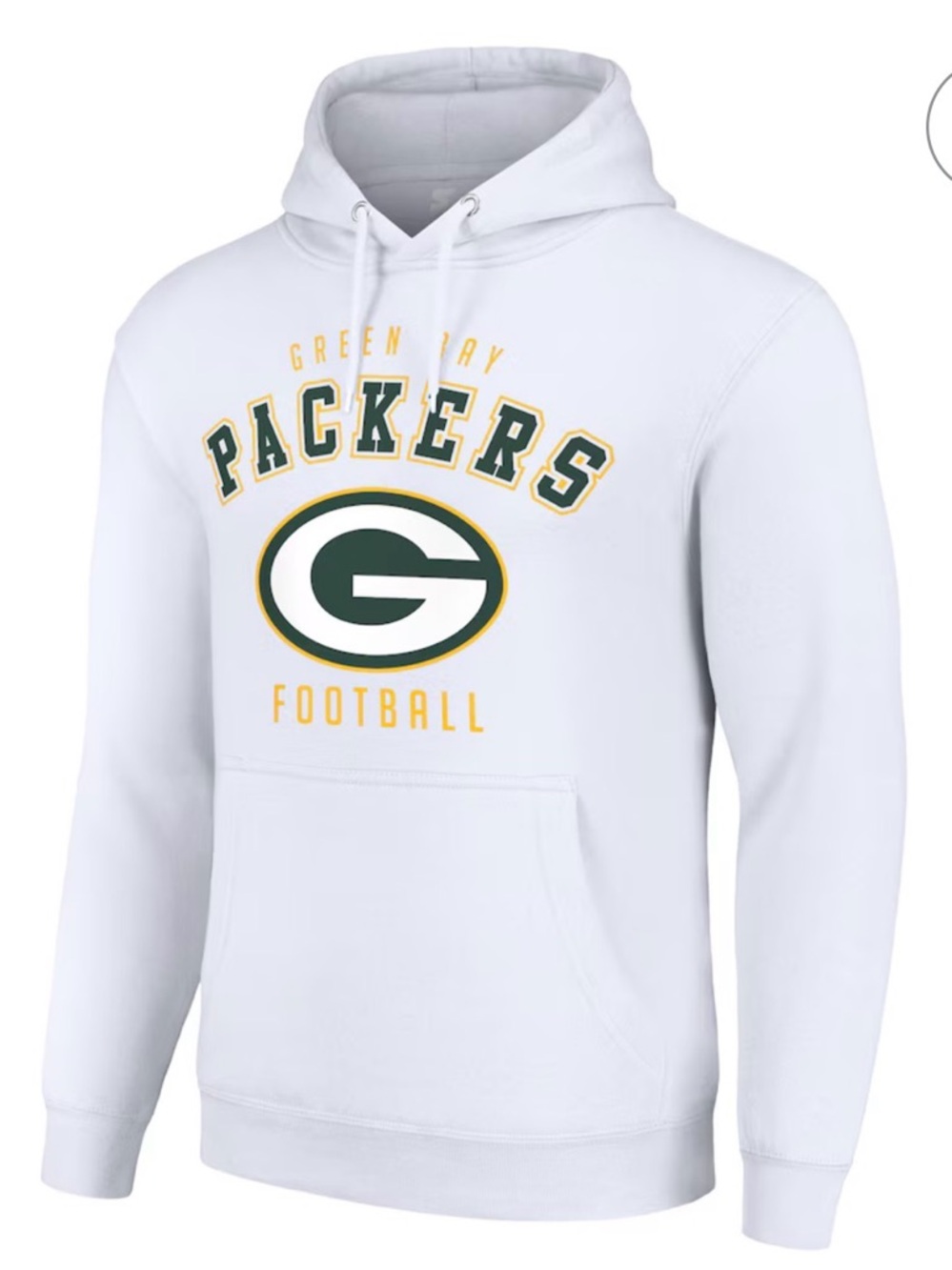 White Hoodie with Green and Yellow Packers Logo.